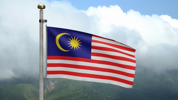 3D、山で風に手を振るマレーシアの旗。マレーシアのバナーが吹く、柔らかく滑らかなシルク。布生地のテクスチャは、背景をエンサインします。建国記念日や国の行事のコンセプトに使用してください。