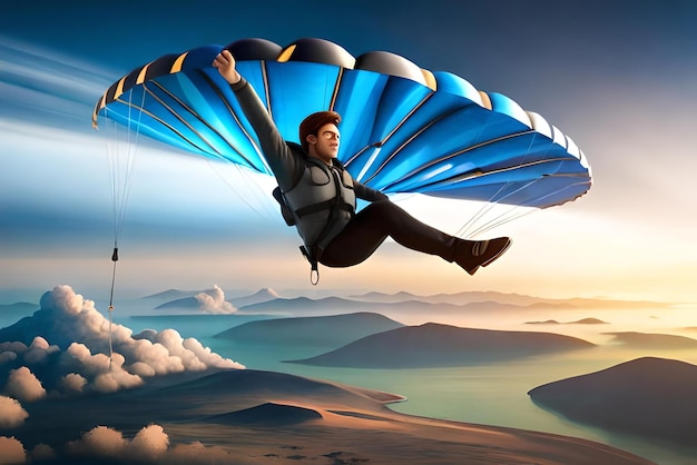 Photo 3d male cartoon character parachuting