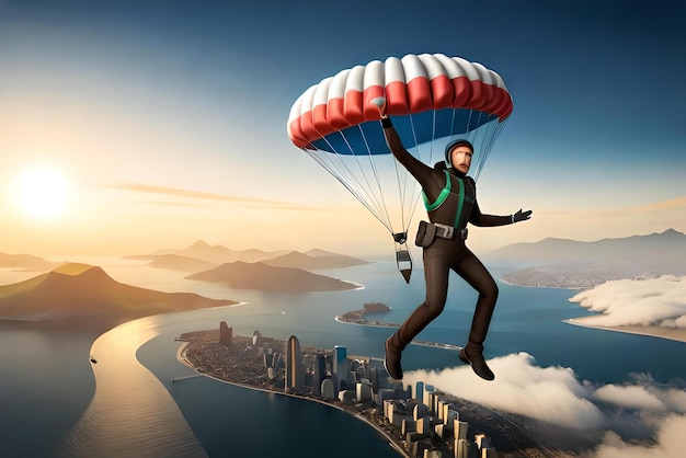 3D мультипликационный персонаж мужского пола прыгает с парашютом