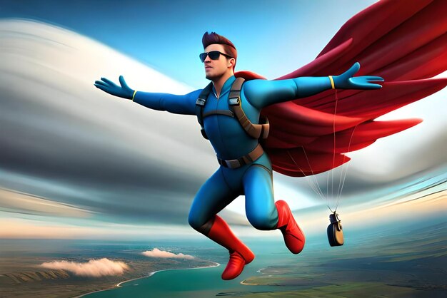 Photo 3d male cartoon character parachuting