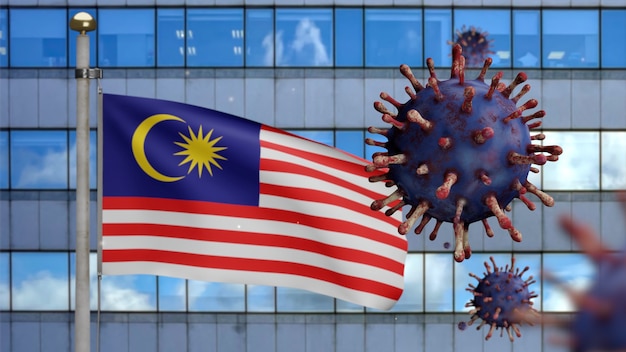 3D, Maleisische vlag die zwaait met moderne wolkenkrabberstad en coronavirusuitbraak als gevaarlijke griep. Influenza type Covid 19-virus met nationale vlag van Maleisië die achtergrond waait. Pandemisch risicoconcept