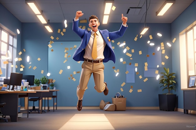 3d man celebrating a victory businessman winner happy office worker jumping for joy yes gesture 3d illustration 3d render