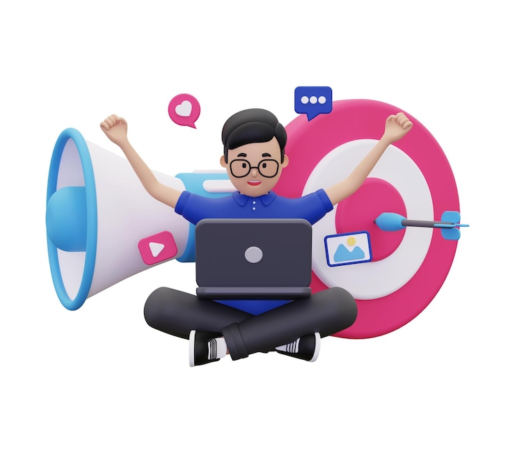 Photo 3d man doing online marketing illustration
