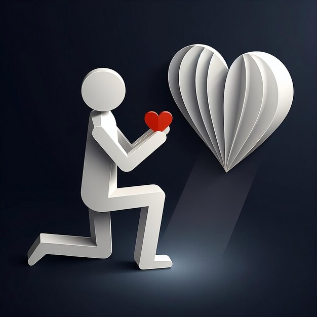 3d man getting down on one knee with heart in Vector Design Illustration black Background valentine