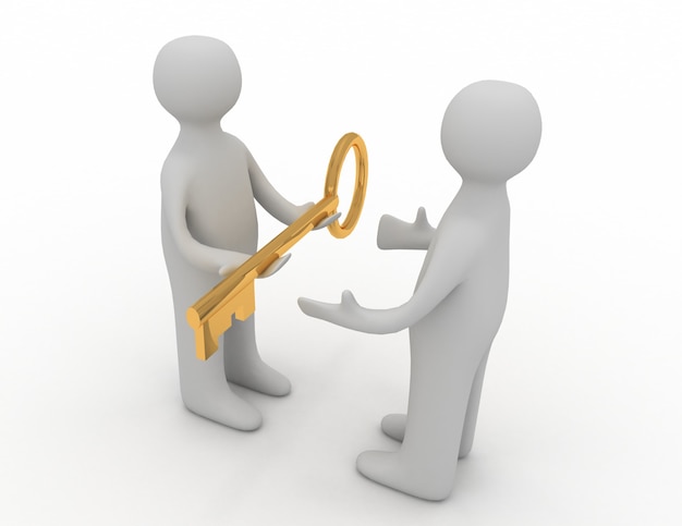 3d man giving golden key to another person