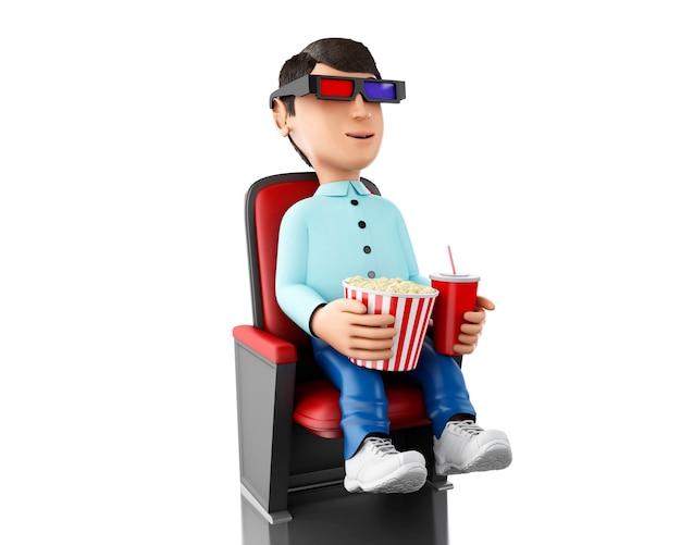 3D Man in de bioscoop en het eten van popcorn met 3D-bril.