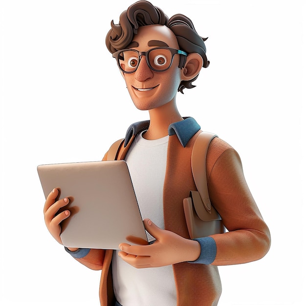 3D man is holding a laptop