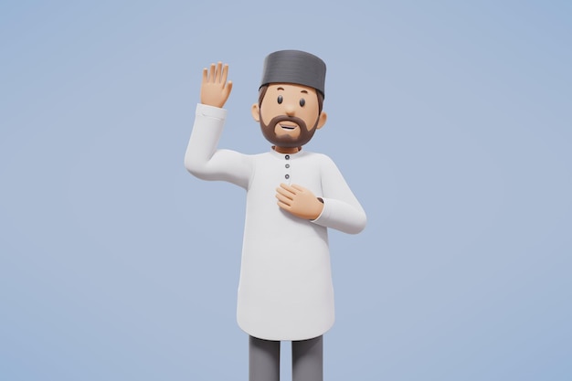 Photo 3d man muslim greeting greeting pointing and holding phone while smiling 3d illustration rendering