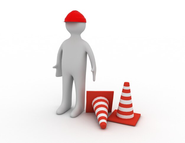 3d man in overalls beside traffic cones