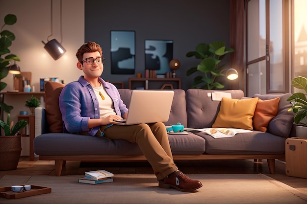 3d man programmer sit on couch working from home casual happy life balance idea freelance