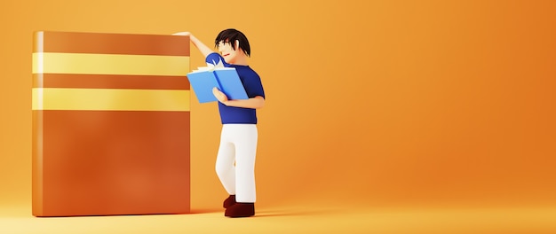 3d of a man reading a book on orange surface