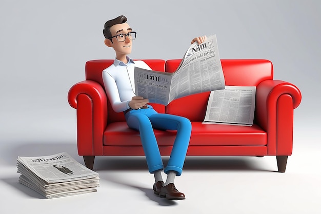 3Dの男が白の赤いソファで新聞を読んでいる