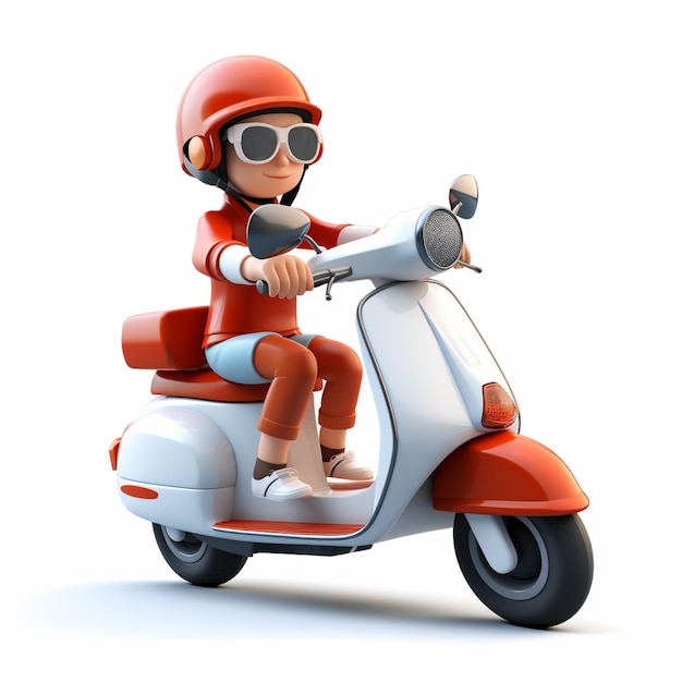 3D-man rijden scooter op witte achtergrond