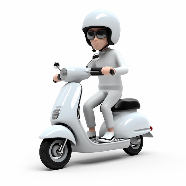 3D-man rijden scooter op witte achtergrond