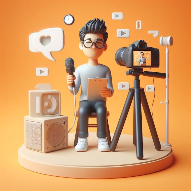 3D-man's vloggen schittering die boeiende inhoud opneemt met een lichtoranje achtergrond