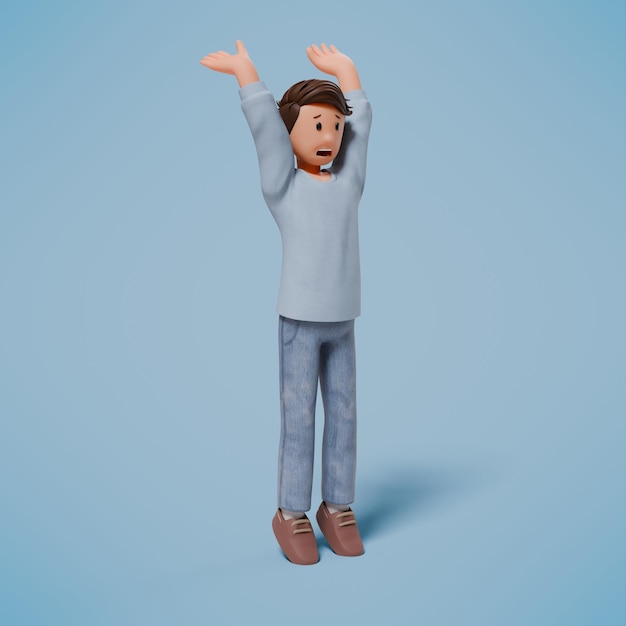 3d man scared and stood on tiptoe while raising both hands up