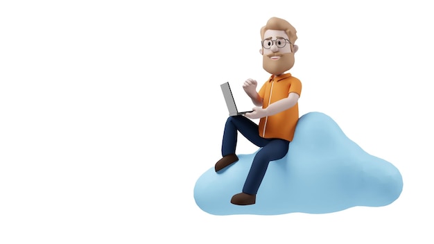 3D Man sits on the cloud working from home