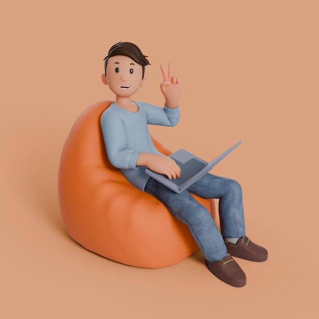 3d man sitting on beanbag with his laptop on his thigh while make 2 gesture