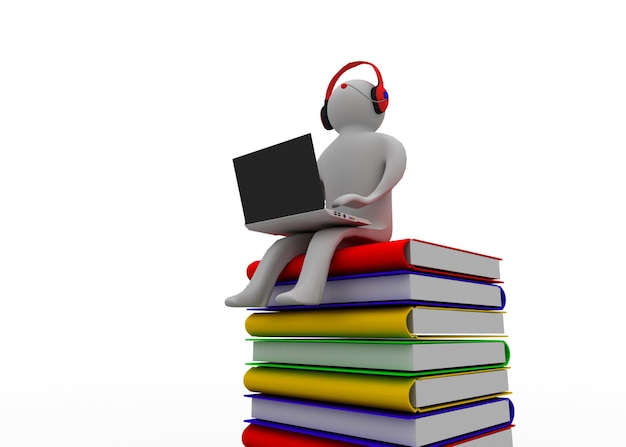 3d man sitting on book with laptop