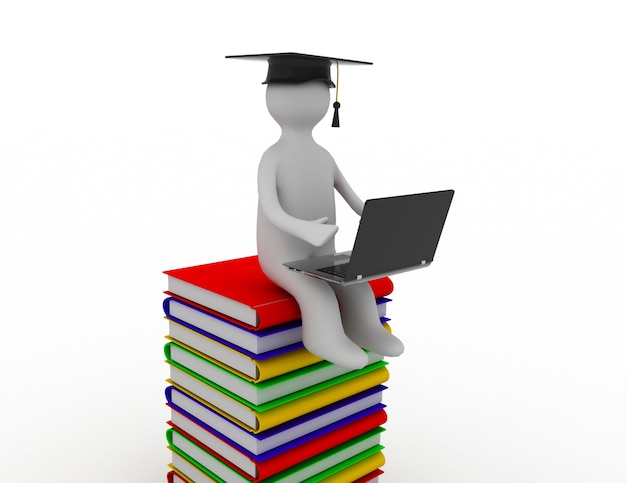 3d man sitting on a pile of books working at his lapop