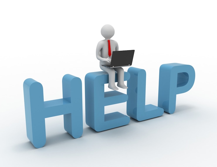 Photo 3d man sitting on word help. organize concept