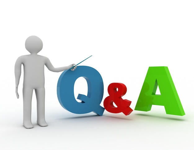 3d man standing and presenting Q and A word questions and answers