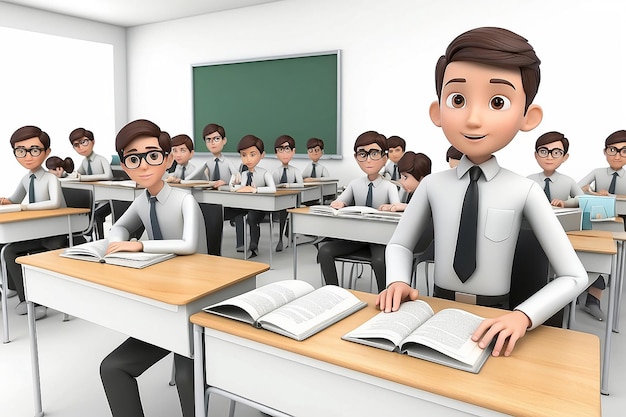 3d man students in classroom on white background