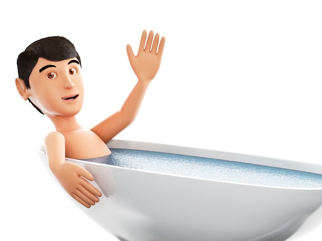 3d Man take a bath in a tub.