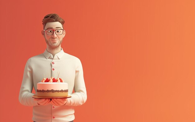 Photo 3d man with cake showing dessert on solid color background bakery or happy birthday concept space