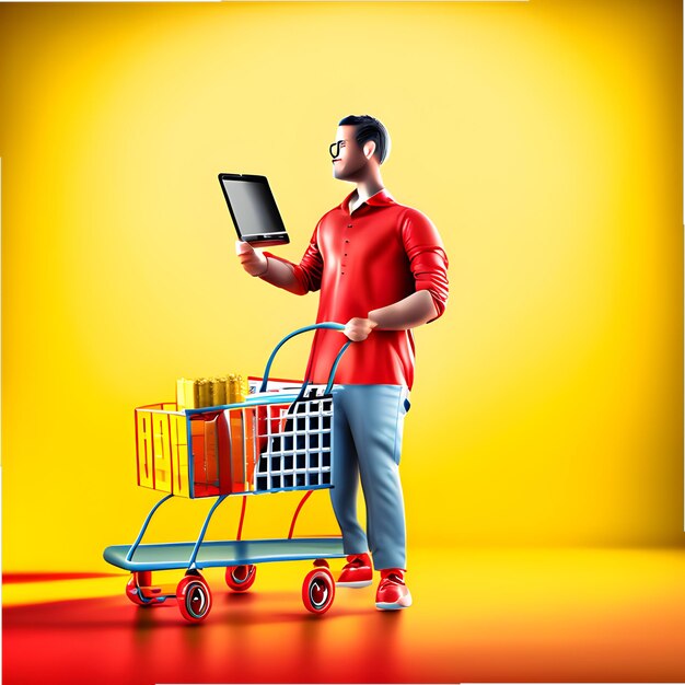 3d man with shopping cart and blank screen tablet ai generative