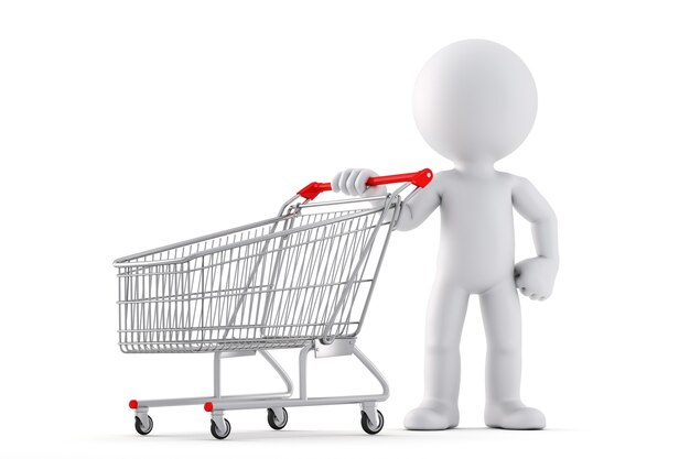 3d Man with shopping cart. Isolated. Contains clipping path