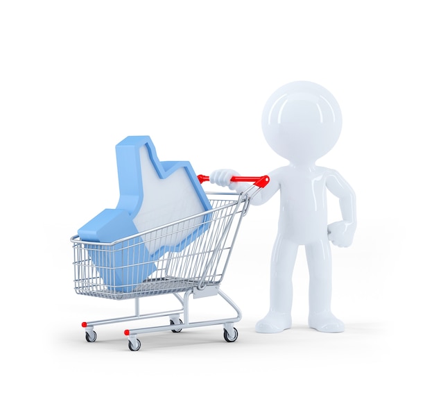 3D Man with shopping cart. Isolated on white background