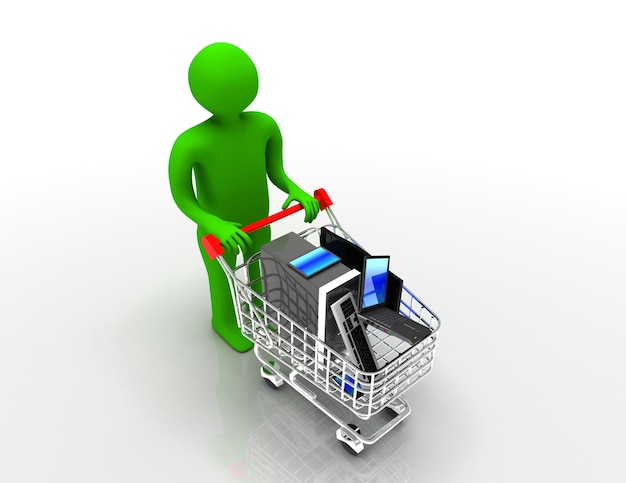 3d man with shopping cart with electronics