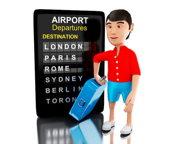 3d Man with a suitcase and airport board.