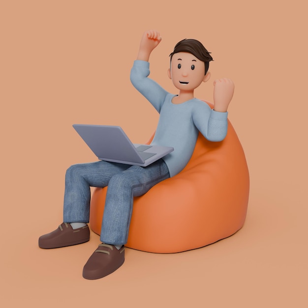 Foto 3d-man zit op een bonenzak met zijn laptop op zijn dij en beide handen in de vuist.