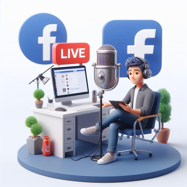 3d mans 팟캐스트 마술은 멋진 흰색 스튜디오를 배경으로 Facebook에서 라이브로 진행됩니다.