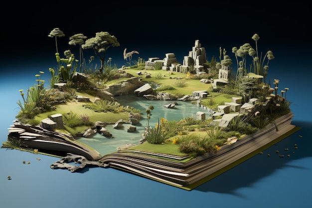 3d map on book with a flat blue background