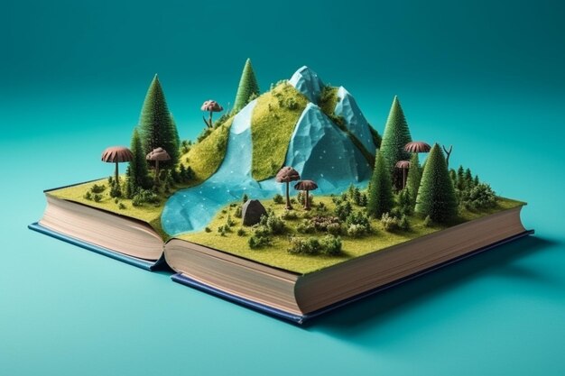 3d map on book with a flat blue background