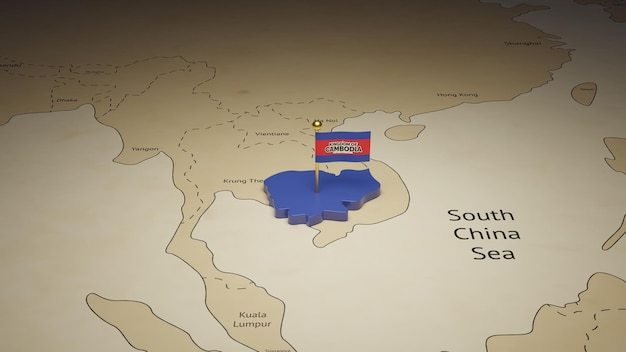 3D map and flag of Cambodia