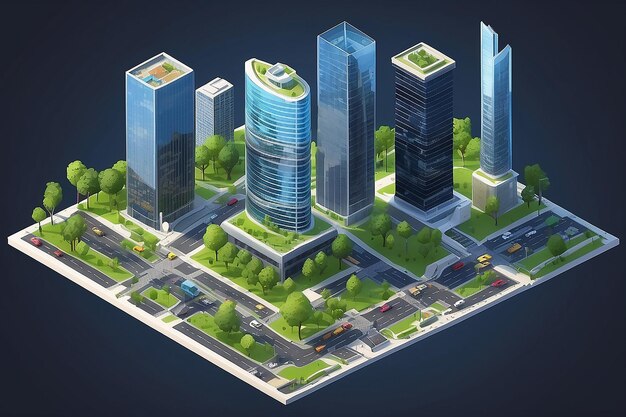 Карта 3D Карта включает в себя небоскребы здания бизнес-центр офисы автомобили парковки маркировки и зелень Изометрический стеклянный небоскреб Изометрические элементы карты