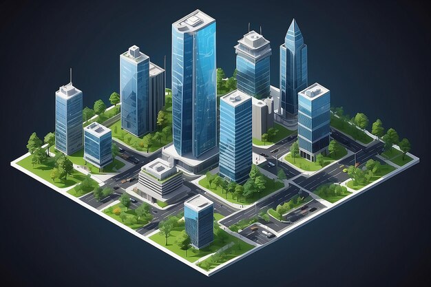 3d map Map includes skyscraper buildings business center offices cars parkings markings and greenery Isometric glass skyscraper Isometric map elements