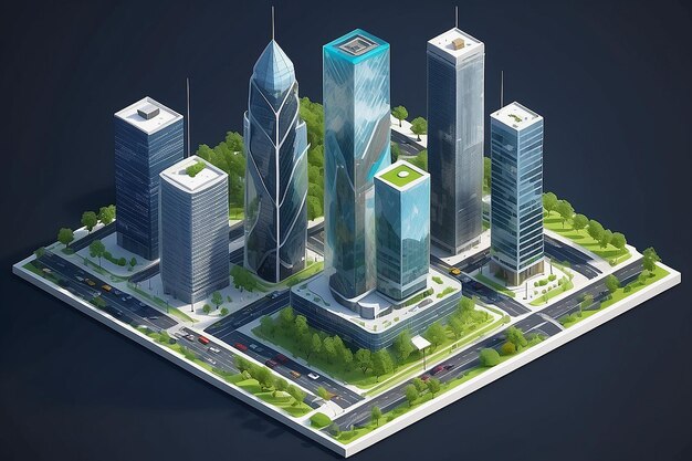 3d map Map includes skyscraper buildings business center offices cars parkings markings and greenery Isometric glass skyscraper Isometric map elements