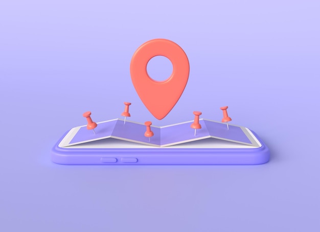 Photo 3d map mobile phone gps navigation icon and pin in cartoon style concept of pathfinding or location tracking 3d rendering isolated on purple background