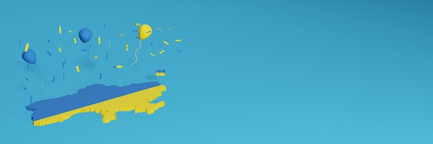 ソーシャルメディア用のウクライナの旗と組み合わせた3Dマップのレンダリング、および追加されたWebサイトの背景カバー独立記念日と全国的なショッピングの日を祝うための黄青色の風船