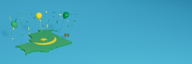 3D map rendering in conjunction with the Mauritanian flag for social media and added website background covers Yellow green balloons to celebrate independence day and national shopping day