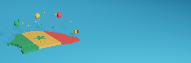 The 3D map rendering is combined with the Senegal flag for social media and added website background covers Red yellow hijua colored balloons to celebrate independence day and national shopping day