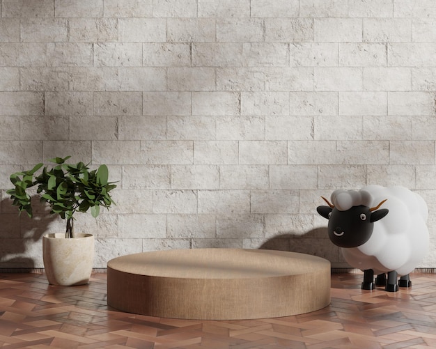 3d marble podium in empty room with sheep and plant