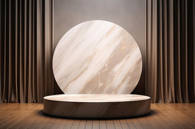 3D marble podium with curtain backdrop on wooden floor