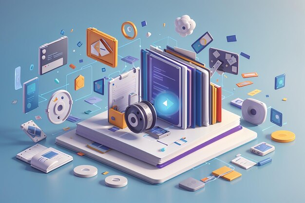 3d media data with video and photo gallery library searching image and video files in database document management soft document form compound docs concept 3d file icon vector render illustration