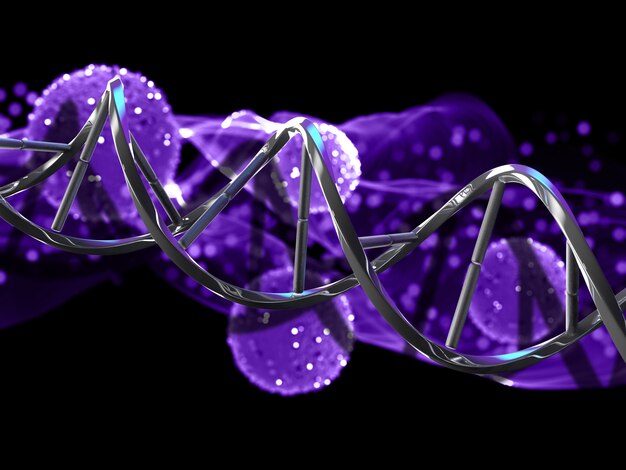 Defocussed 바이러스 세포에 DNA 가닥과 3D 의료 배경